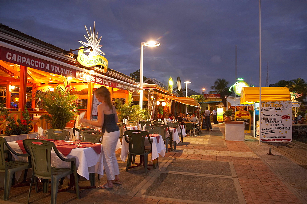 Restaurants in the evening light, tables along the Marina, Le Gosier, Pointe-a-Pitre, Grande Terre, Guadeloupe, Caribbean Sea, America