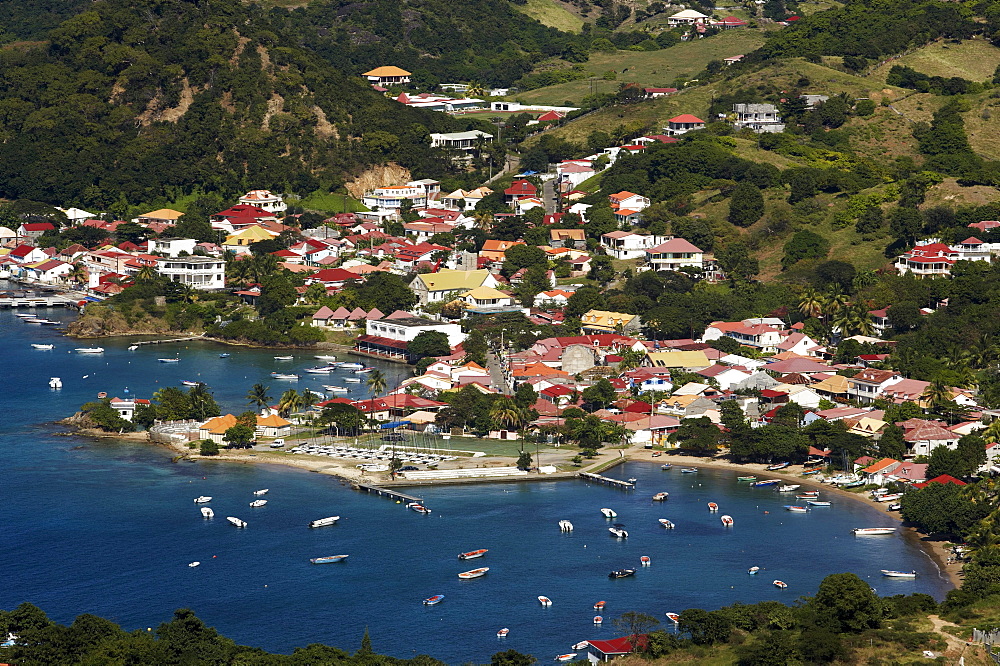 Aerial View of Terre-de-Haute with harbour and bay, Les Saintes Islands, Guadeloupe, Caribbean Sea, America