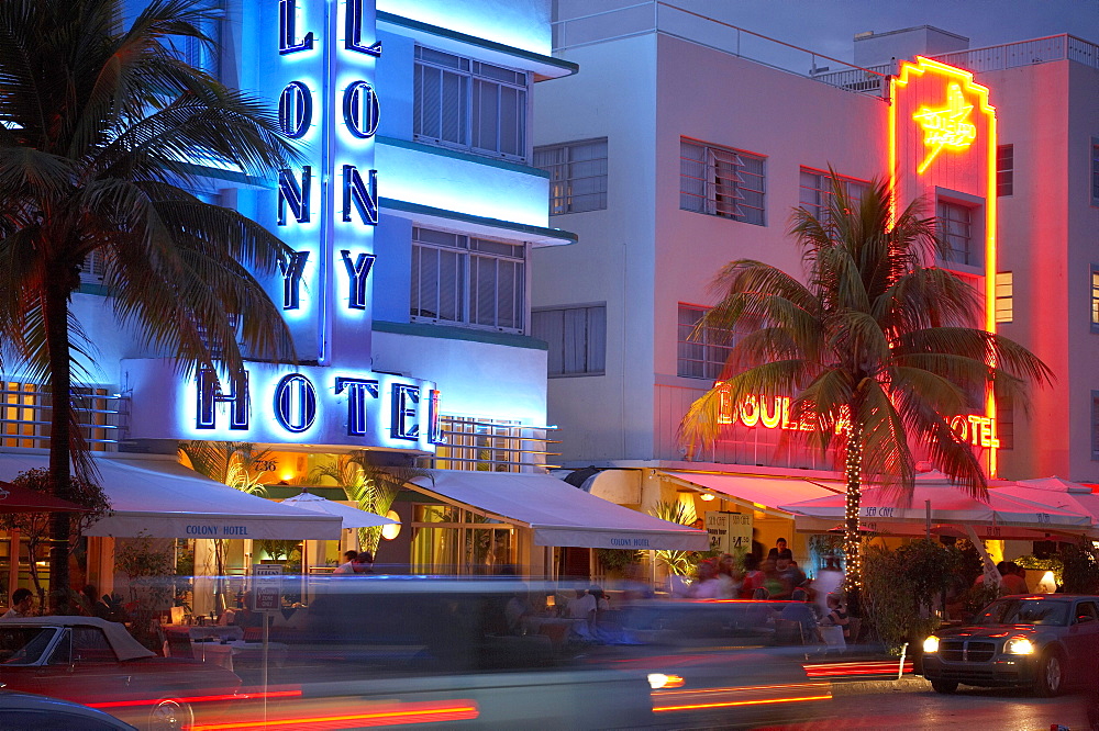 The illuminated Colony hotel at night, Ocean Drive, South Beach, Miami, Florida, USA, America