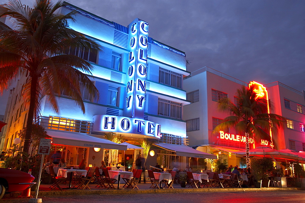 The illuminated Colony hotel at night, Ocean Drive, South Beach, Miami, Florida, USA, America