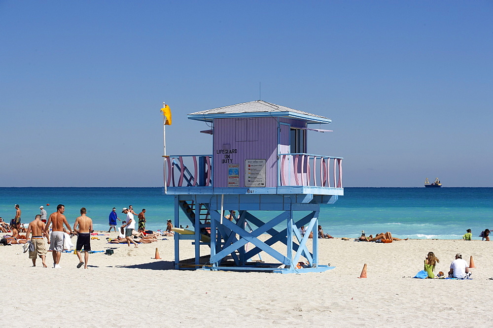 Sandy beach, the Art Deco style, lifeguard tower, South Beach, Miami, Florida, USA