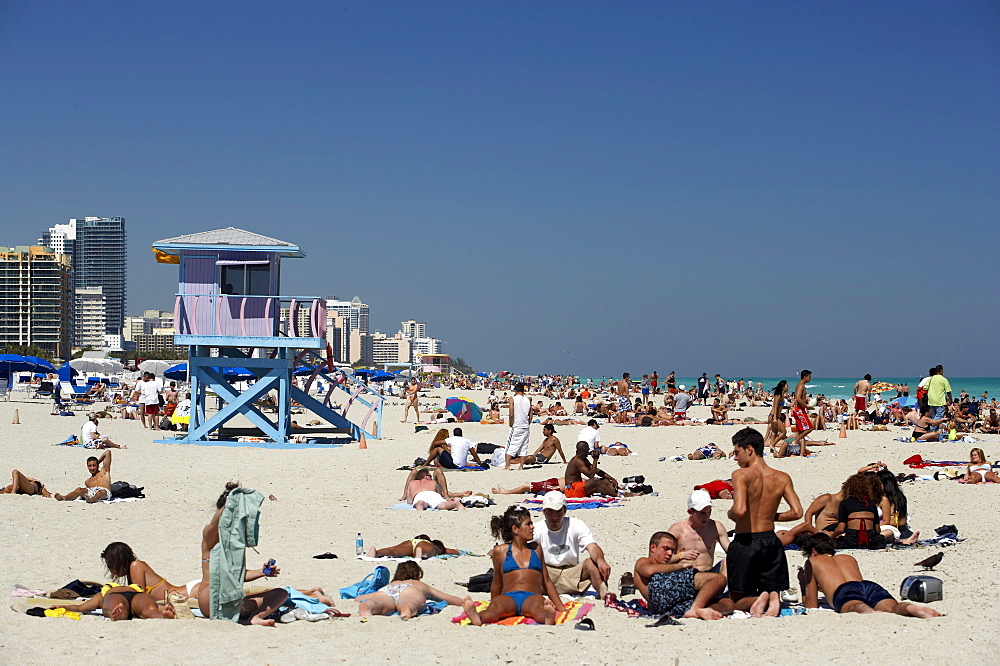 Saandy beach, the Art Deco style, lifeguard tower, South Beach, Miami, Florida, USA