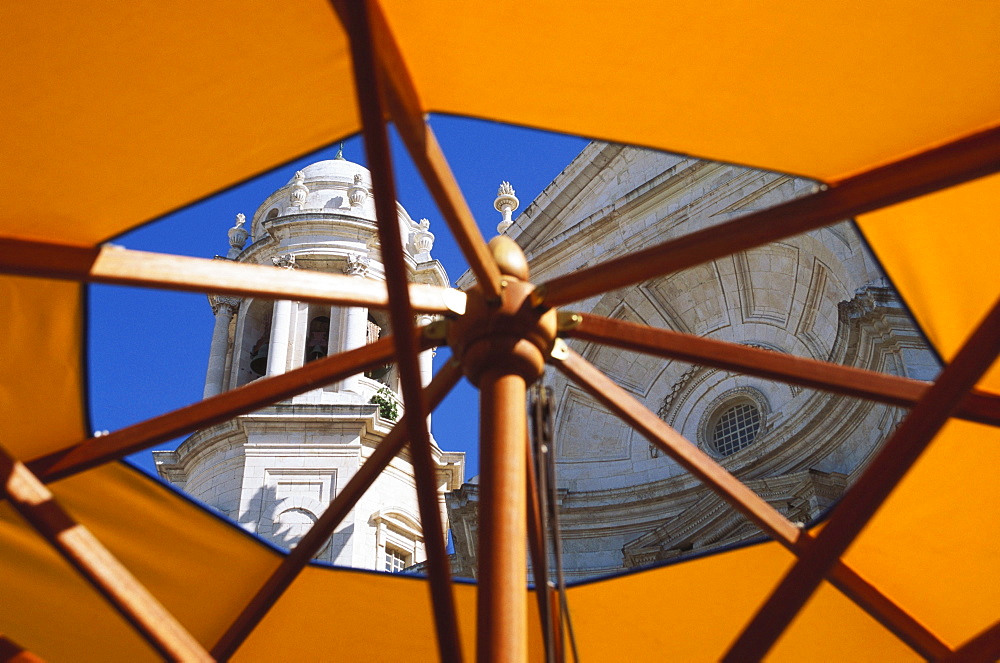 View through sunshade at a cathedral, Cadiz, Andalusia, Spain, Europe