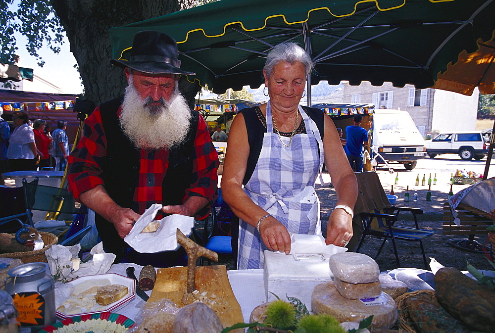 Selling cheese, market, Casamaccioli near Corte, France