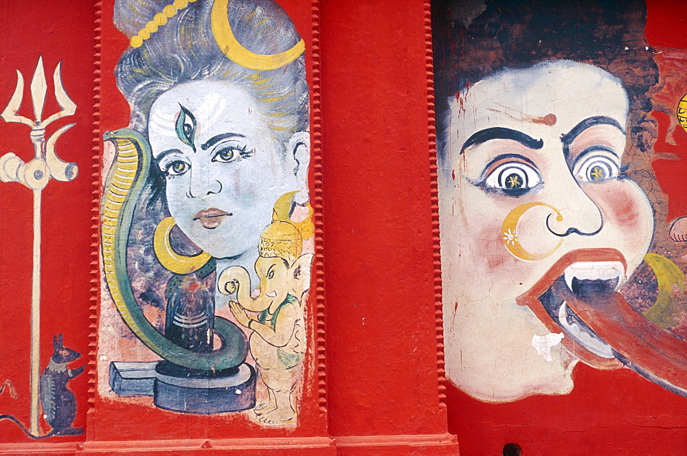 Wall painting at a temple, Raja-Bazar-Road, Varanasi, Benares, Uttar Pradesh, India, Asia