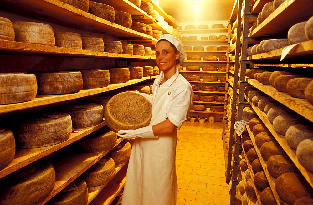 Woman showing cheese wheel, Pecorino cheese dairy, Pecorino Cugusi, near Pienza, Tuscany, Italy