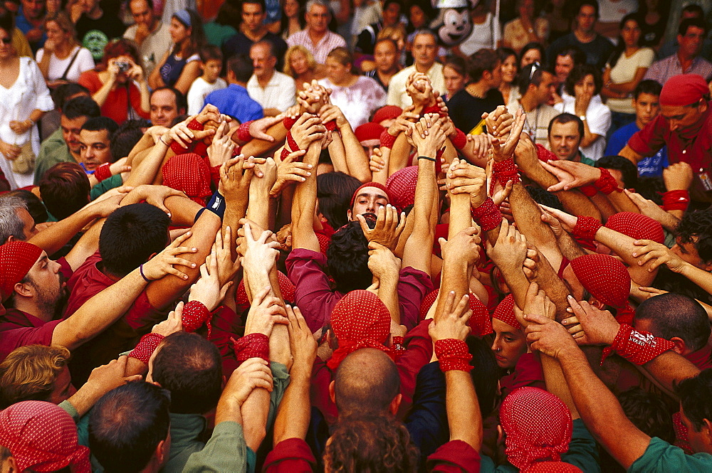 Castellers forming the base of a castell, human tower, during the Wine Festival, Benissalem, Mallorca, Majorca, Balearic Islands, Spain