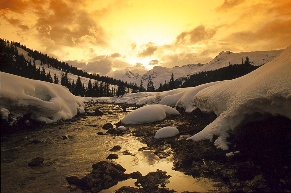 Winter landscape with stream in the evening light, Landscape, Nature