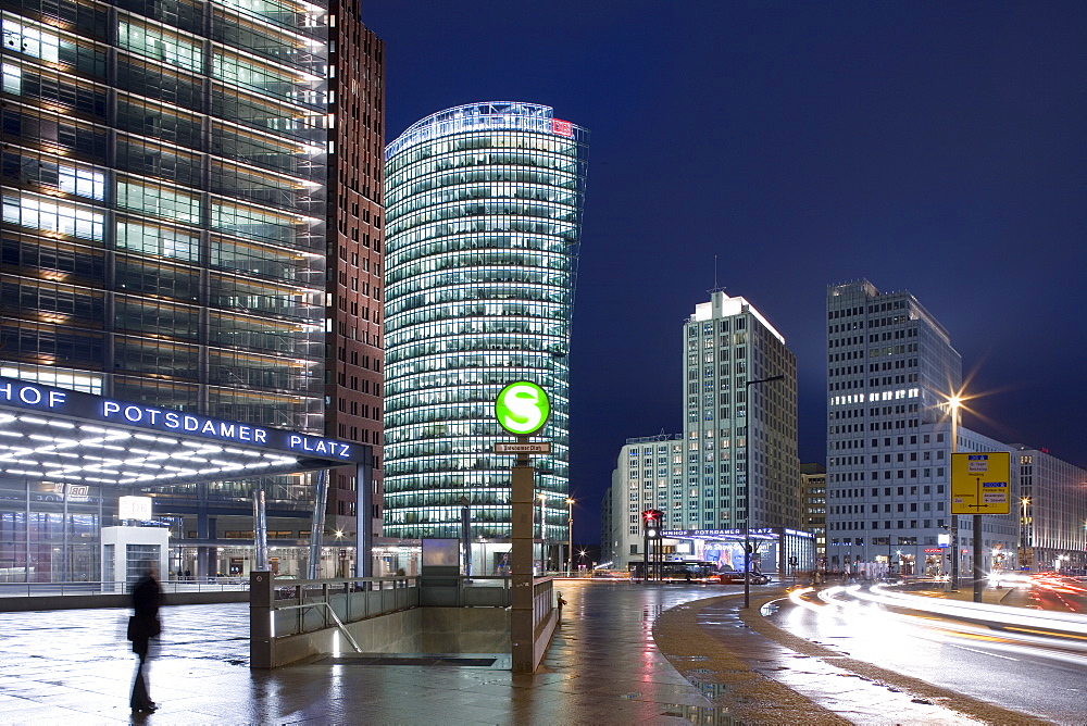 Potsdamer Platz at night from left to right, Renzo Piano Tower, Hans Kollhoff Tower, Bahn Tower, Beisheim Center, Delbrueck Tower, Potsdamer Platz, Berlin, Germany, Europe