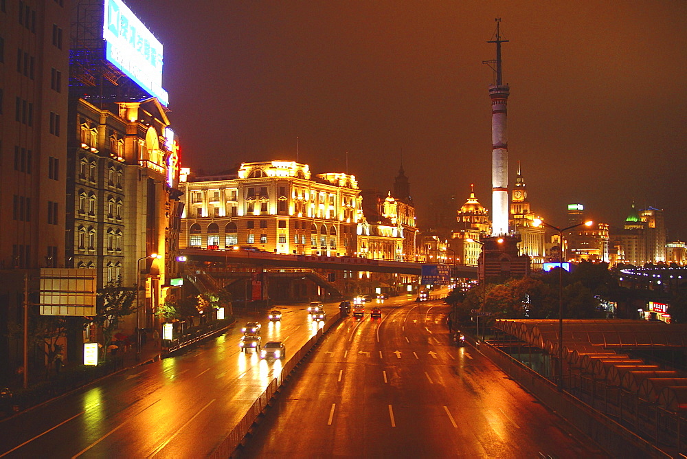 Street and illuminated colonial style houses at night, Shanghai, China, Asia