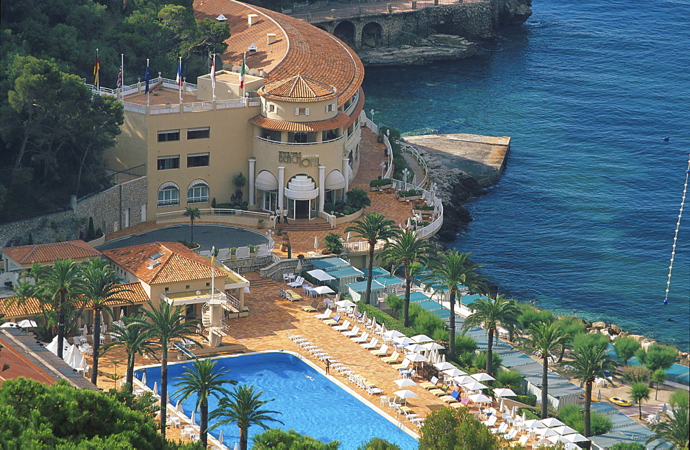 High angle view at Monte Carlo Beach Hotel and pool, Monaco, Cote dÂ¥Azur, Provence, France, Europe