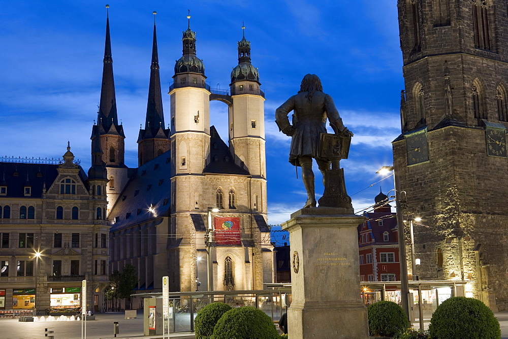 Church on central market square, Haendel monument and Red Tower, Halle an der Saale, Saxony Anhalt, Germany, Europe