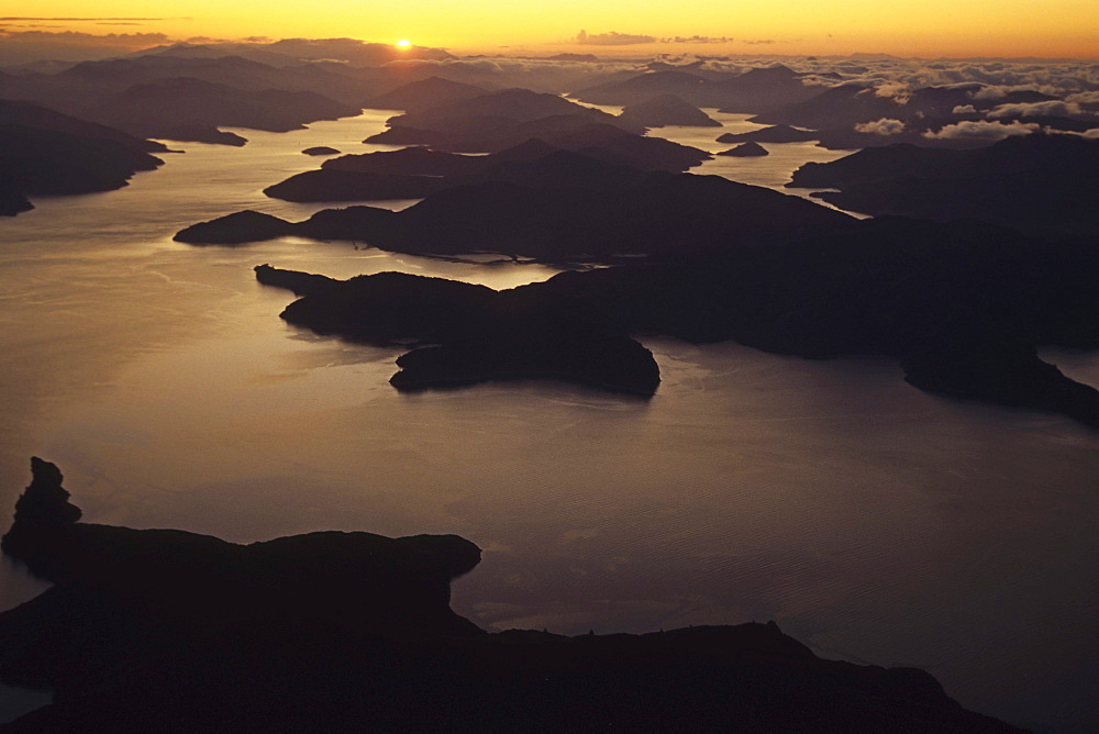 Aerial view of Marlborough Sounds at sunset, New Zealand, Oceania