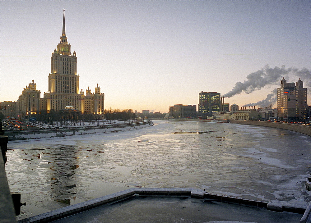 Frozen river Moskva and russian architecture, Moscow, Russia