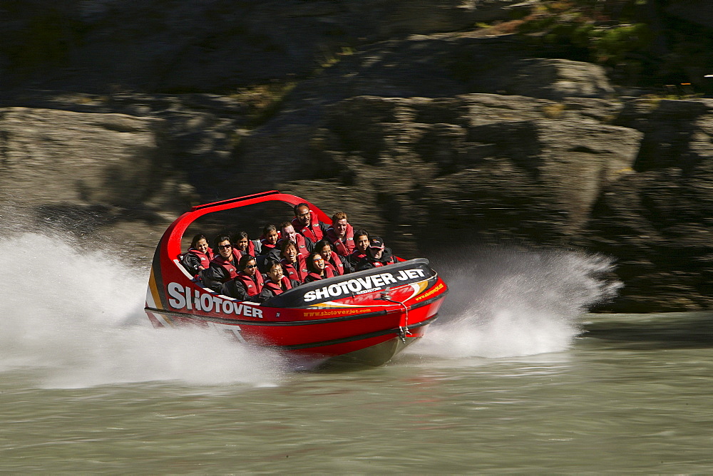 People in a Jetboat on Shotover River, Queenstown, Central Otago, South Island, New Zealand, Oceania