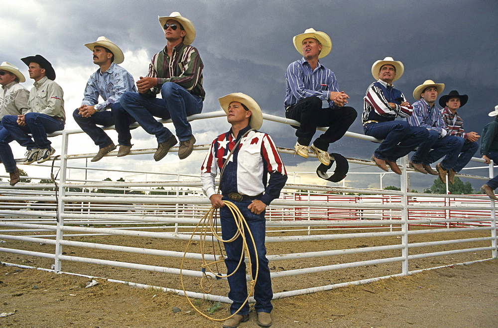 Group of men wearing cowboy clothes, western clothing, Cheyenne Frontier Days Rodeo, Wyoming, USA