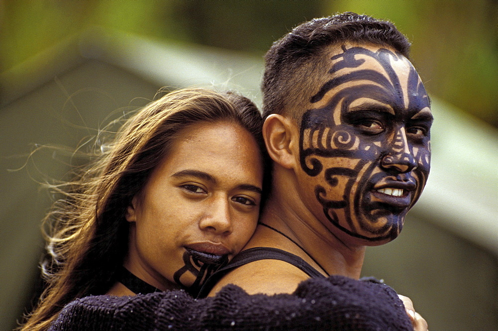 Painted Moko on Maori couple, Waitangi, New Zealand