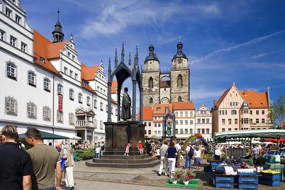 Market square with town hall, St. Mary's church and monuments of Luther and Melanchthon, Wittenberg, Saxony Anhalt, Germany, Europe