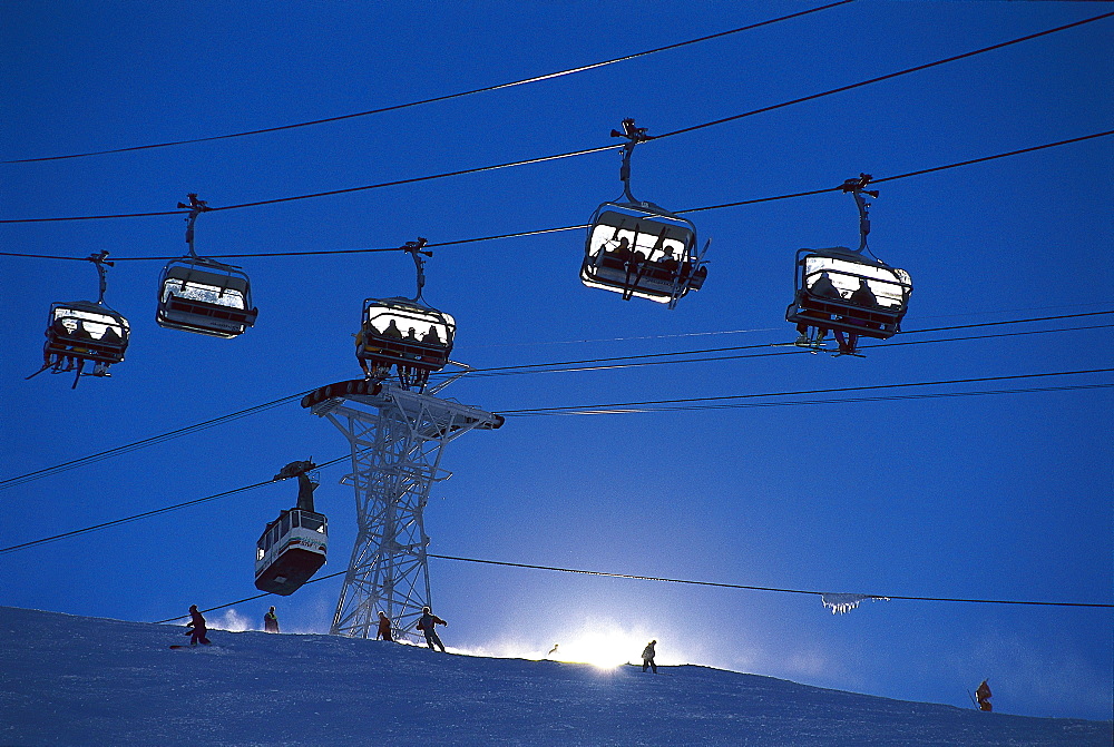 Ski lift and chair lift in the skiing area of Tignes, Winter sports, Savoie, France