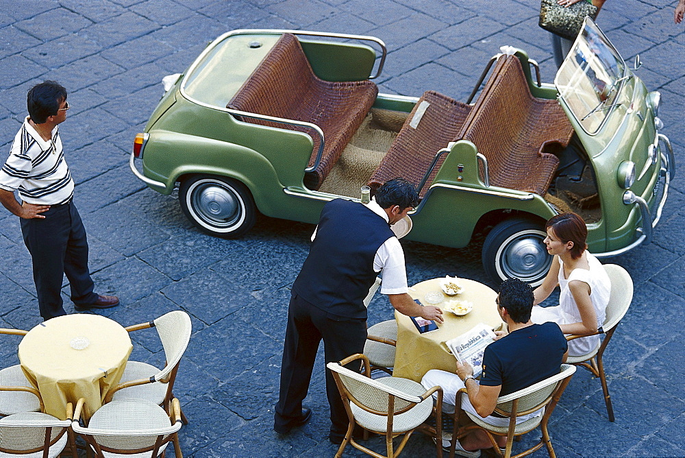 Oldtimer and people at a cafe, Piazza del Duomo, Amalfi, Campania, Italy, Europe