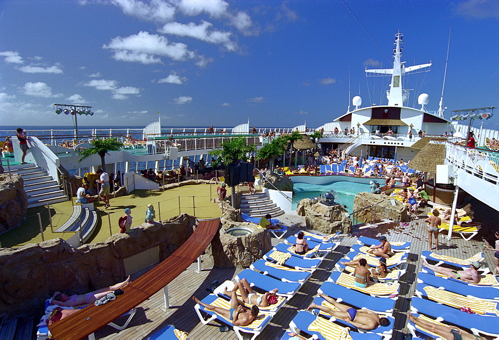 People on the sun deck, cruise ship AIDA, Caribbean, America