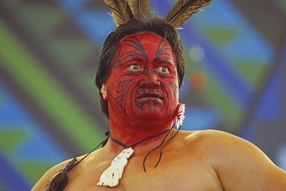 Maori with facial painting and Moko tattoo at festival, Rotorua, North Island, New Zealand, Oceania