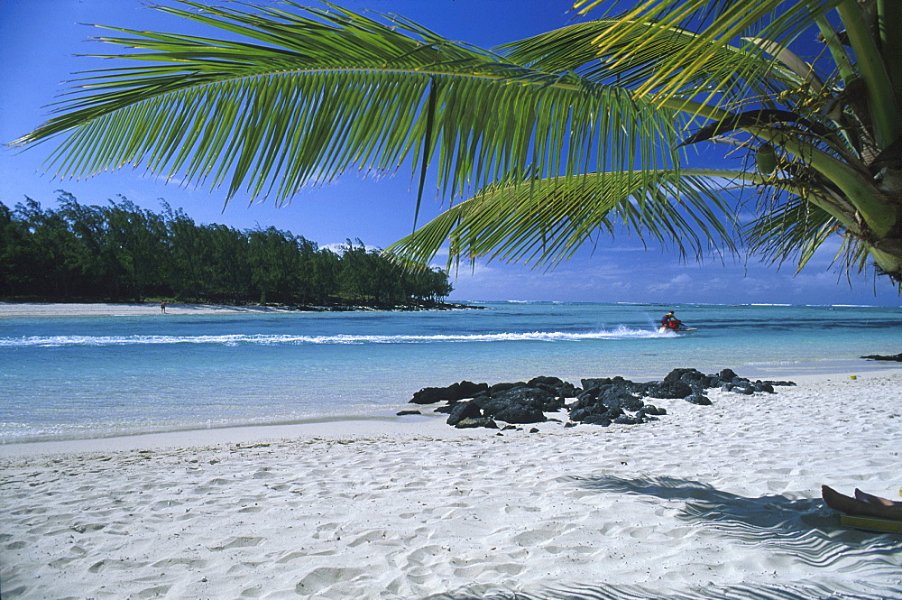 View from palm beach at Jetski, Ile aux Cerf, Mauritius, Indian ocean, Africa