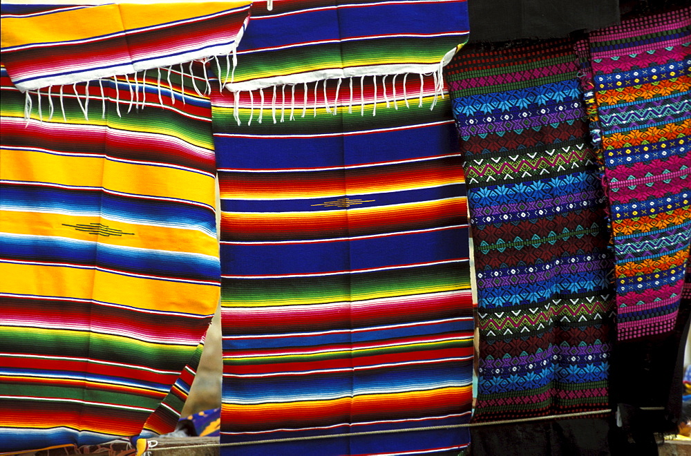 Hand loomed cloths on the market at St. Domingo, San Christobal, Chiapas, Mexico, America