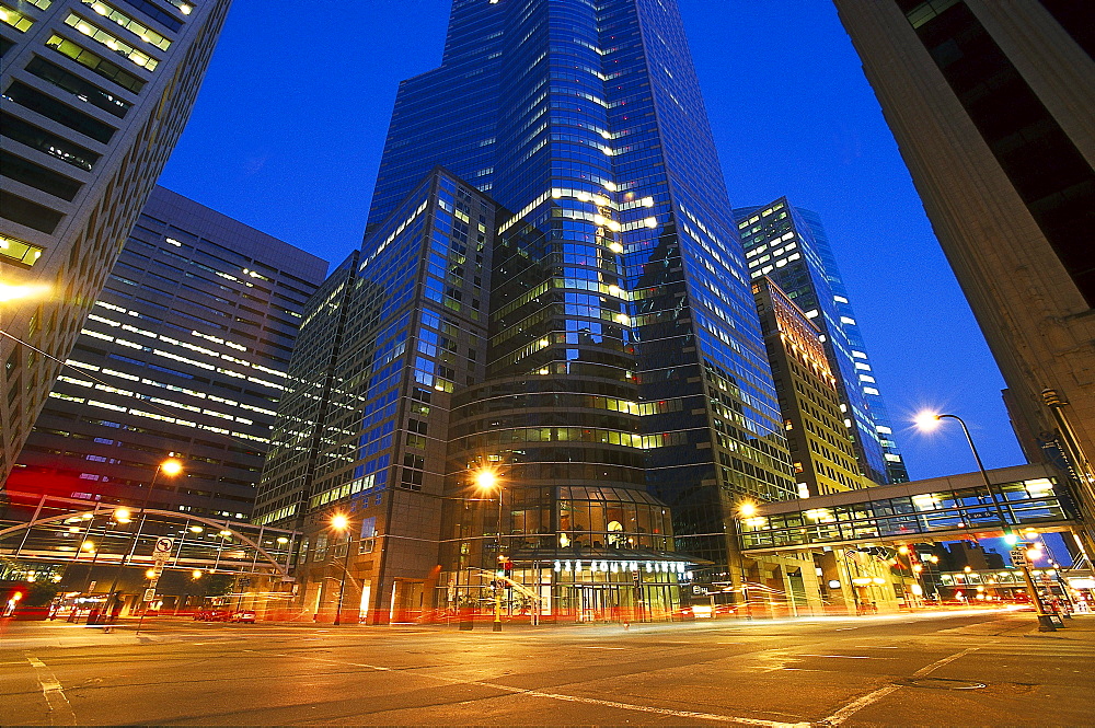 Street and high rise buildings at night, Twin Cities, Minneapolis, Minnesota USA, America