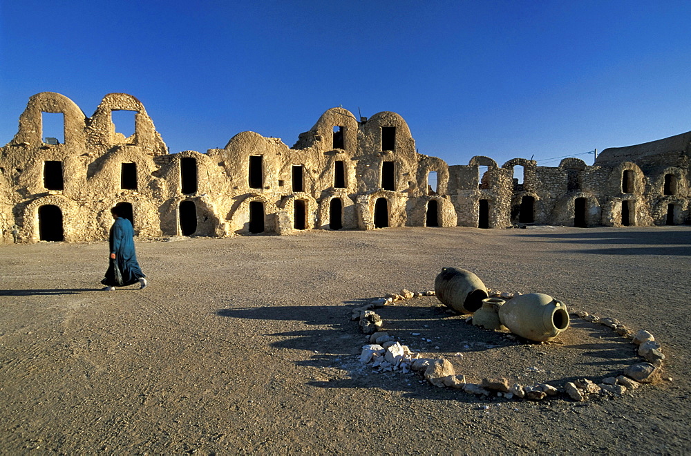 Ghorfas, granaries of the berbers under a blue sky, Tunesia