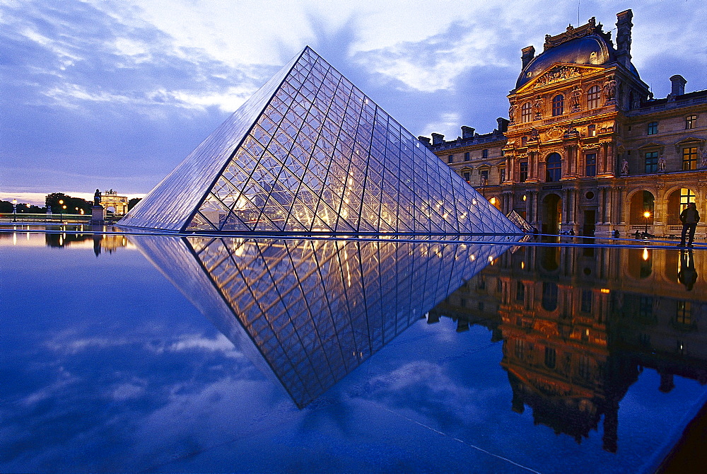 Glass pyramid and Louvre in the evening, Paris, France, Europe