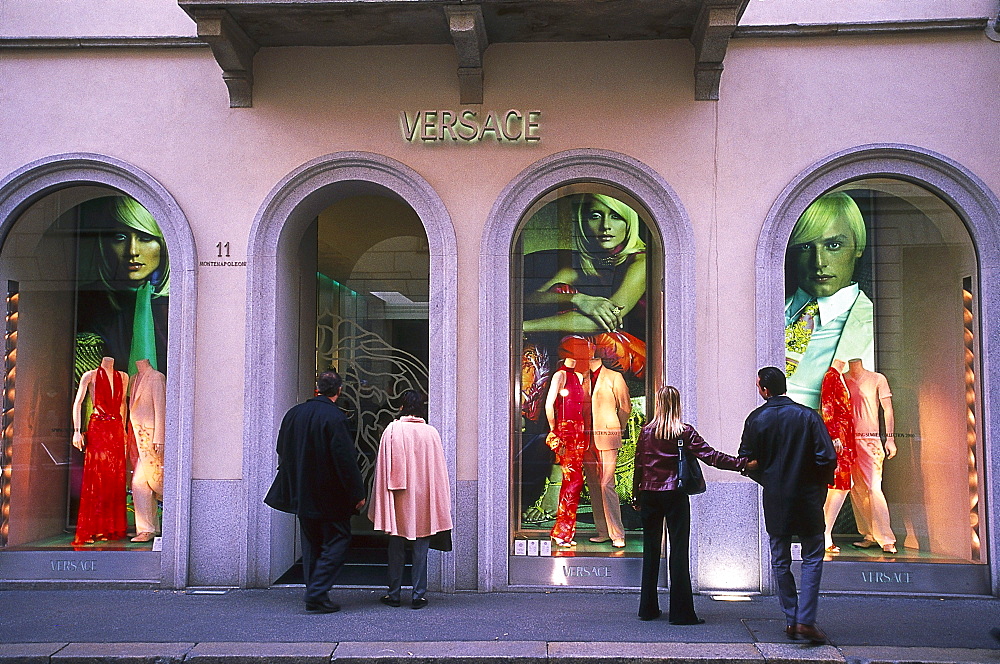 People in front of the shop windows of a boutique, Via Monte Napoleone, Milan, Lombardia, Italy, Europe