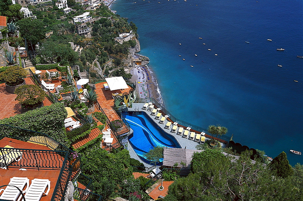 View to the pool of the hotel Le Agavi, Positano, Amalfitana. Campania, Italy