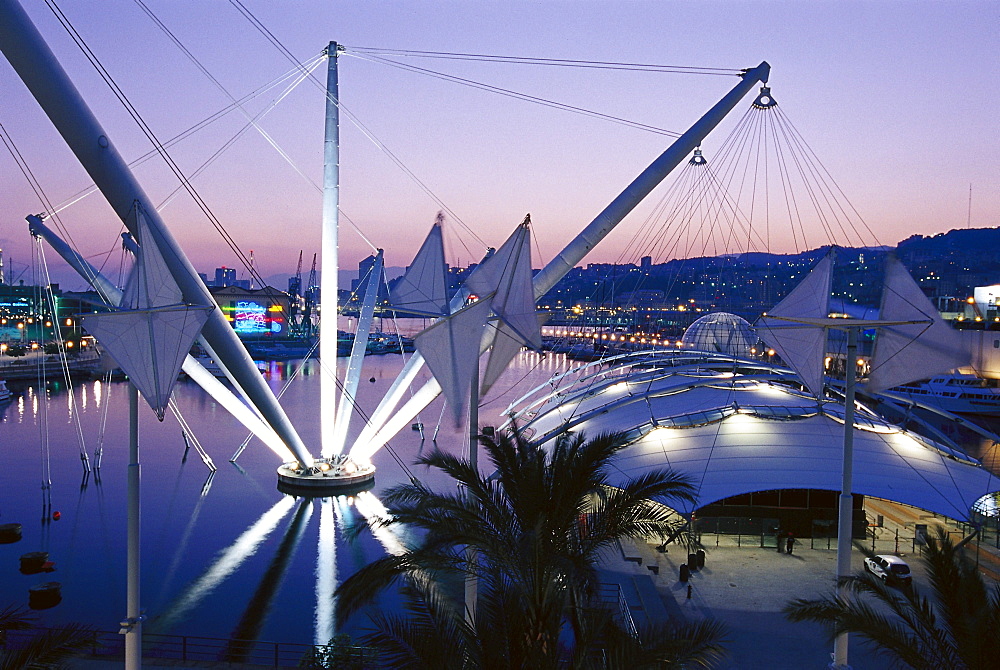 View at the harbour in the afterglow, Porto Antico, Genoa, Liguria, Italy, Europe