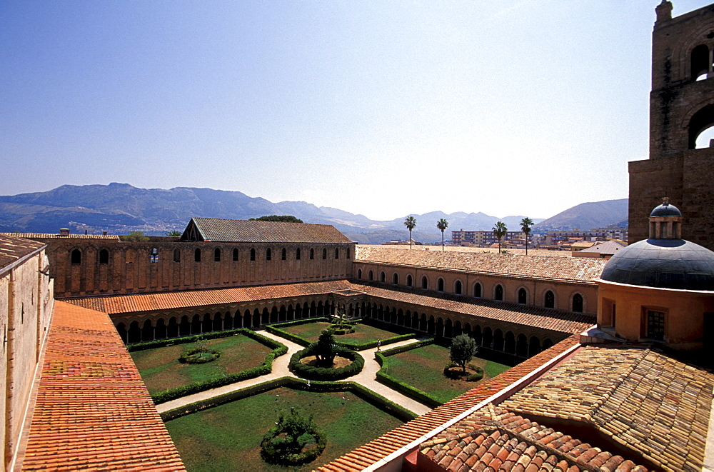 Cloister of Monreale in the sunlight, Palermo, Sicily, Italy, Europe