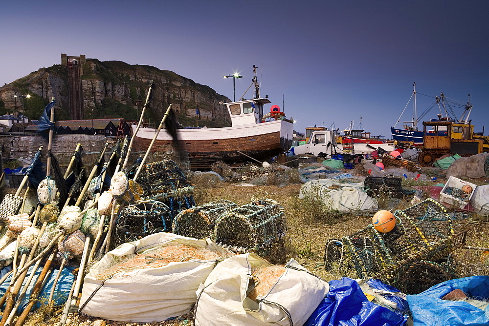 Fishing boats on the beach in Hastings, East Sussex, England, Europe