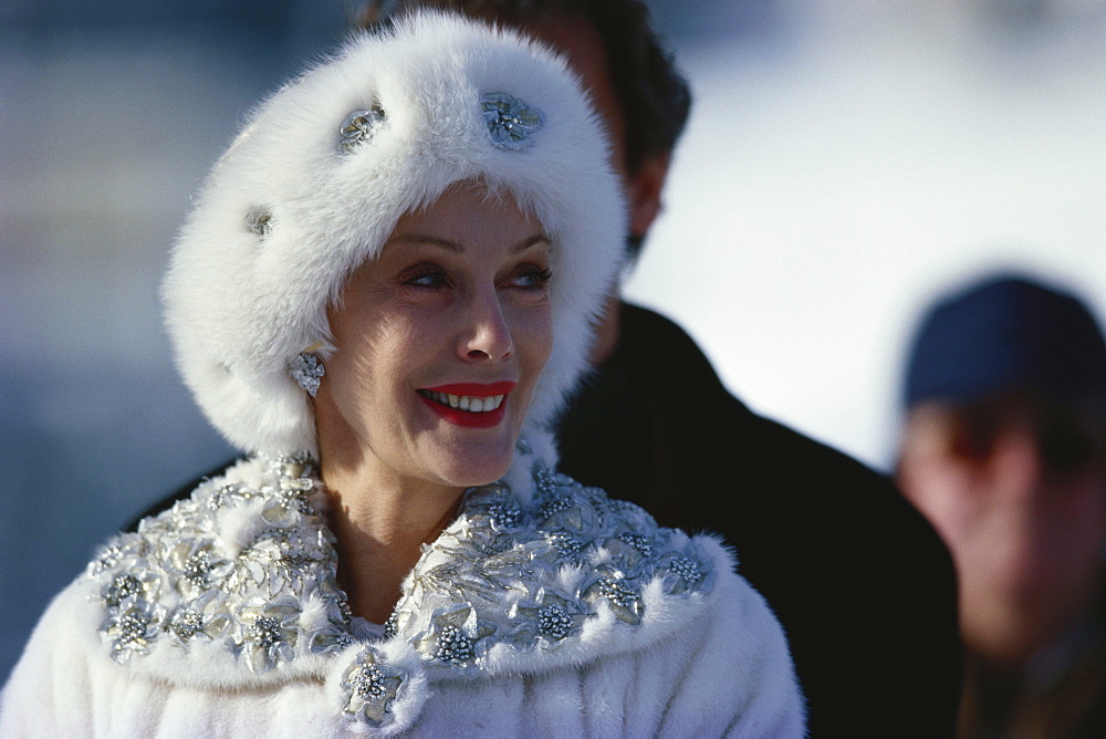 Woman wearing fur cap and fur coat, St. Moritz, Grisons, Switzerland, Europe