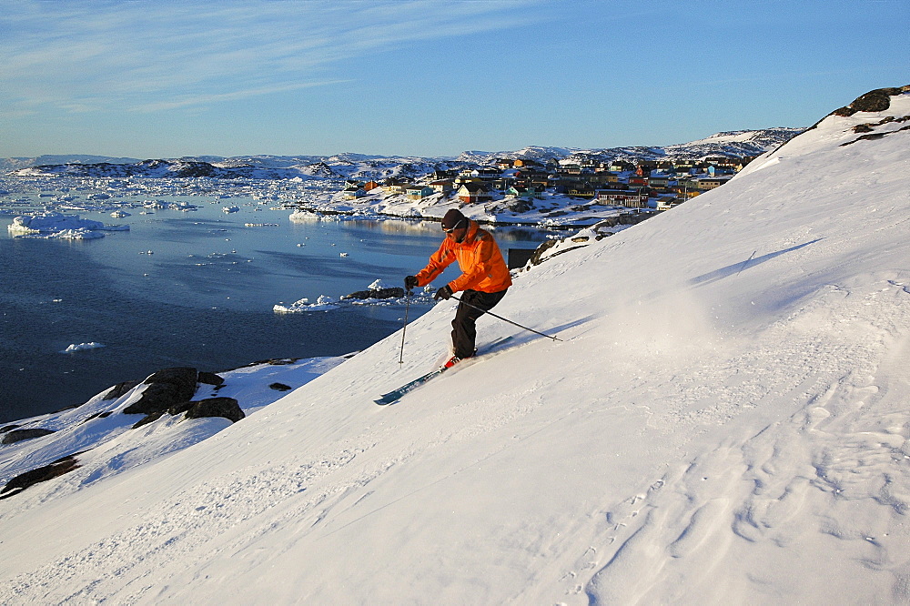 Person skiing down a slope, Ilulissat, Greenland