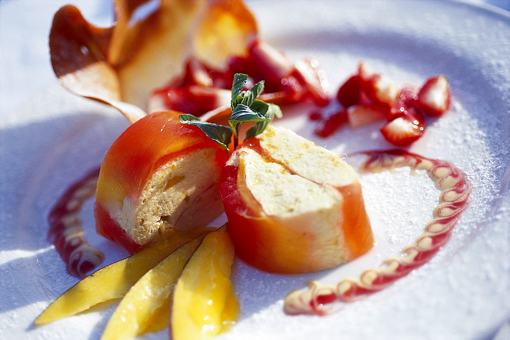 Orange cream on a plate, Hotel Son Net, Puigpunyent, Mallorca, Spain, Europe