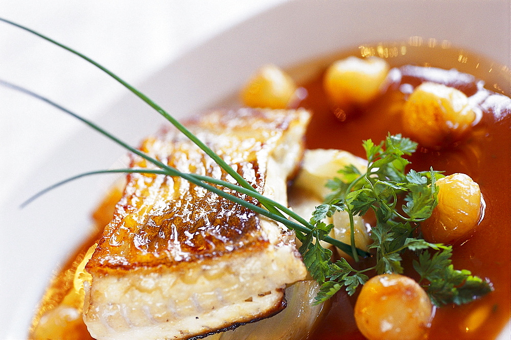 Fish dish at the restaurant Le Train Bleu, Paris, France