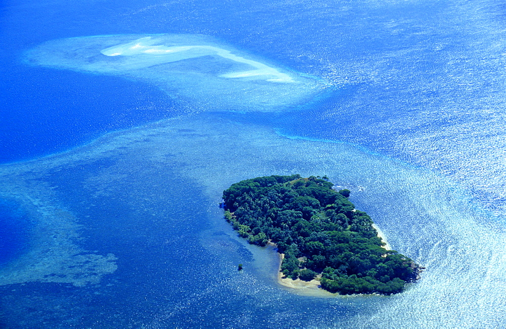 Aerial photo of a tropical Island with sand bank, Santo Coast, Vanuatu, South Pacific