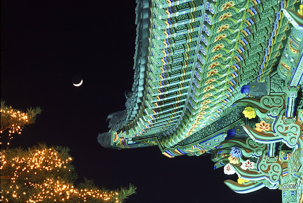 Illuminated temple roof at night, Daegu, South Korea, Asia