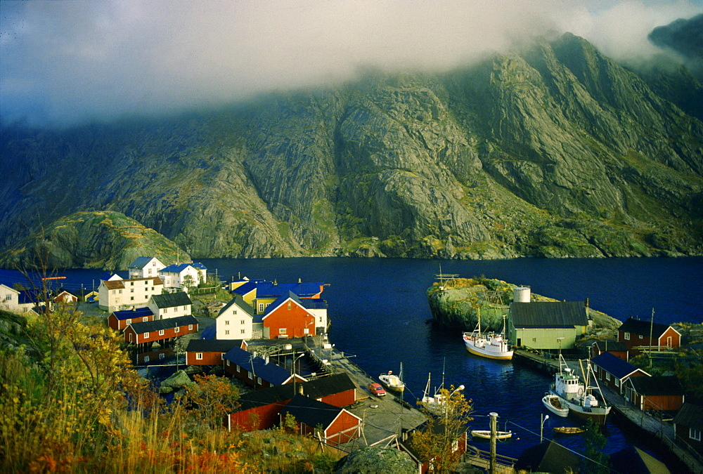 View at fishing village at Nusfjord, Lofoten Islands, Norway, Scandinavia, Europe