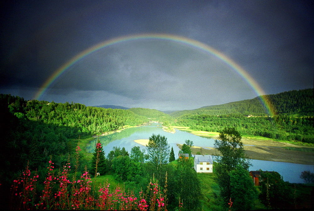 Rainbow over Rana River near Mo I Rana, Mo I Rana, Norway, Scandinavia