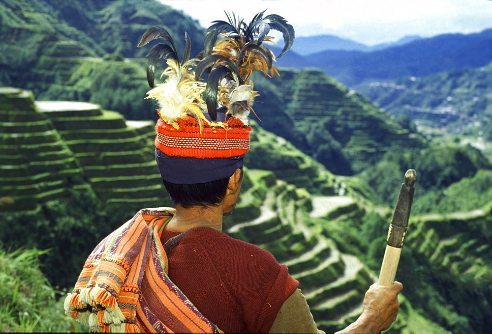 Ifugao warrior, rice terraces, Banaue, Luzon Island, Philippines