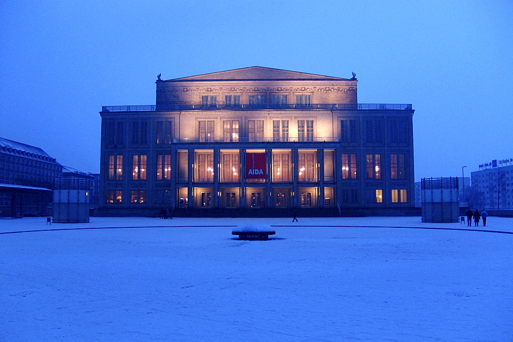 The Leipzig opera house in winter in the evening, Leipzig, Saxony, Germany