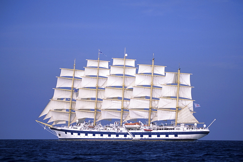 Full-Sail Royal Clipper sailing in Mediterranean Sea, Italy