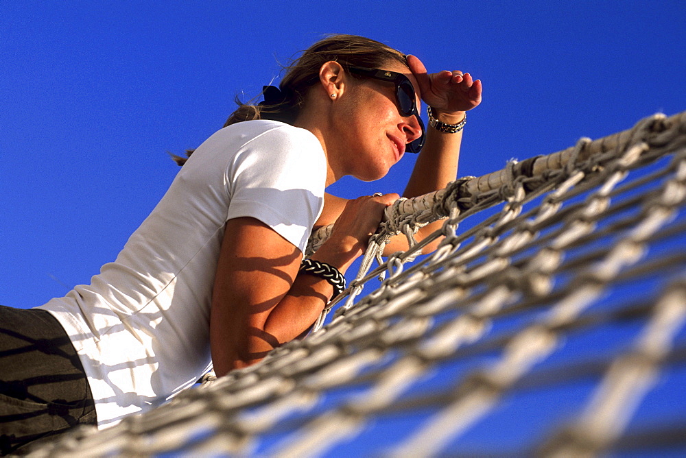 Girl in Bowsprit Net, Royal Clipper, Sailing in Mediterranean Sea, Italy