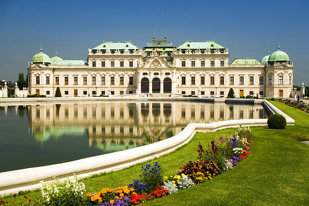 View over the palace ground's water basin at Belvedere Palace, Vienna, Austria