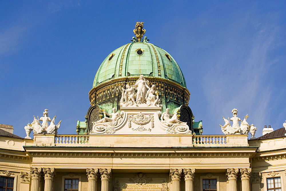 The green cupola of the Michaelertrakt in the sunlight, Alte Hofburg, Vienna, Austria